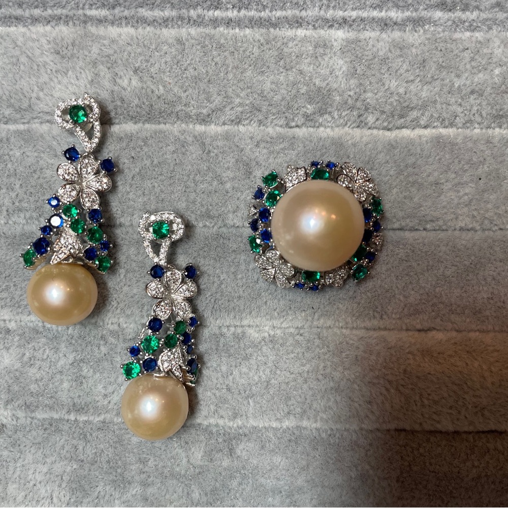 Set 16MM Natural freshwater Pearl Cocktail Ring + 12MM earring / 925 Sliver